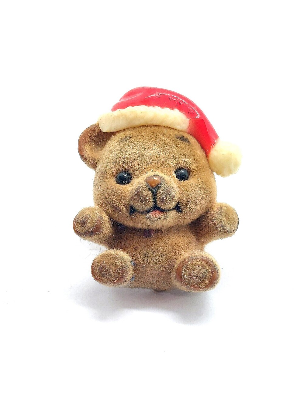 Vintage Flocked Teddy Bear Santa Hat Pin Christmas Holiday Fuzzy Lapel